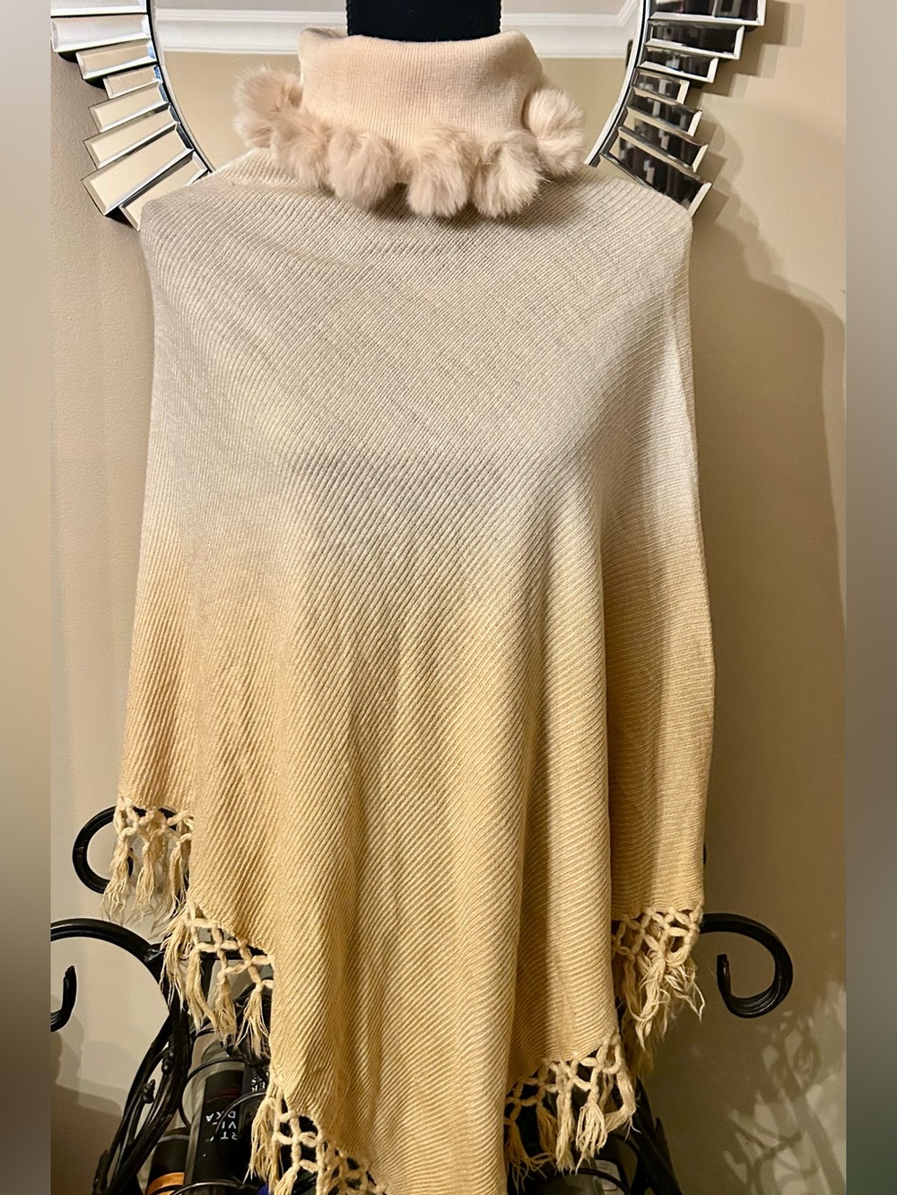 Neutral Ombre Fringe Poncho Sweater With Real Fur